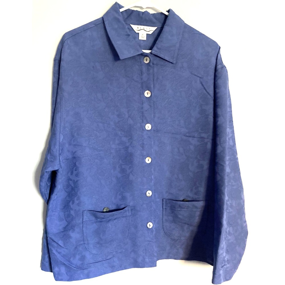 Vtg Blast Shirt Jacket Womens XL Blue Jacquard Button Front Rayon Blend Pockets